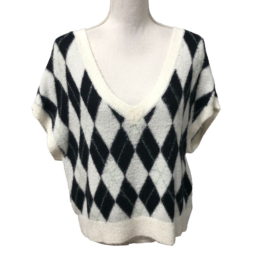 Free People Sweater Jumper Womens Medium‎ Black Argyle V Neck Oversize Preppy